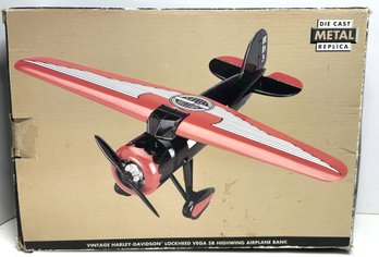 Vintage Harley Davidson Diecast Lockheed Vega 5B Highwing Airplane Bank Mint In Original Box 8 1/2'