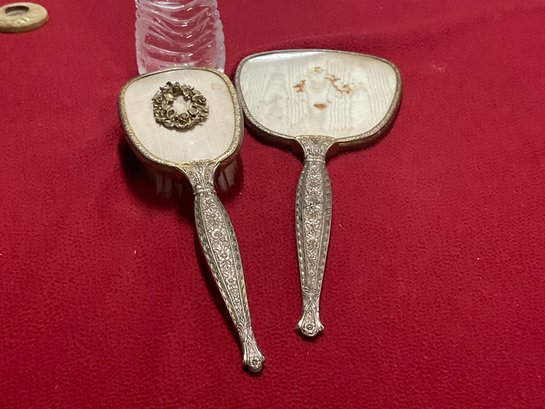 SET OF 2 Rich Ornamentation Silver Tone Vintage Hand Mirror And Clothing Brush