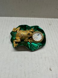 Elgin Miniature Clock Frog On Lily Pad With Fly On Seconds Hand