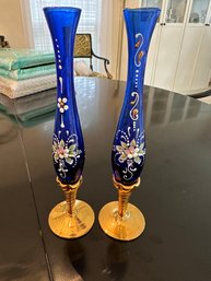 Vintage 1950s Bohemian Blue Glass Bud Vases Gold And Floral