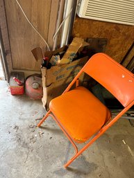 Garage Lot- Orange Folding Chair, Metal Gas Cans, Bike Rack