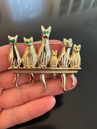 1980s Gold Tone Cat Brooch Green Eyes Hanging Tails