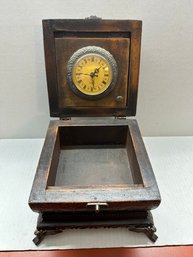 Vintage Footed Quartz Victorian Desk Clock Raised Floral Red Gold Ornate Box