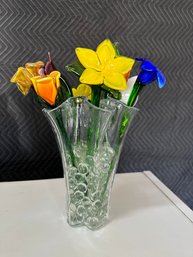 Vase W 9 Glass Art Flowers