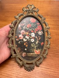 Vintage Floral Flowers Print Oval Metal Brass Picture Frame Made In Italy