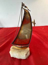 Vintage DeMott Metalware Sail Boat Ship Stone Base Sculpture Statue