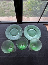 Lot Of Green Glass Wine Glasses & Plates As Is