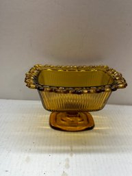 Amber Glass Dish Lace Edge Rectangle Pedestal Candy Fruit Bowl FTDA 1981 Vintage