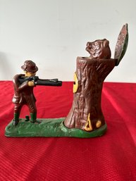 Mechanical Bank, Cast Metal, Hunter With Bear In Tree Trunk
