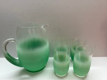 Vintage Clear/green Painted Glass 1960s Pitcher Set