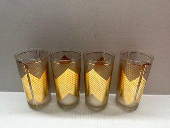 Set Of 4 Vintage MCM Culver 22k Gold Frosted Chevron Highball Glasses 1970s