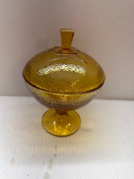 Vintage Jeannette Glass Yellow Amber Textured Lidded Candy Dish With Lid