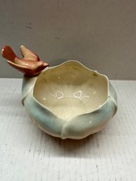 Vintage Royal Copley Pink & Blue Lotus Flower Bowl With Perched Pink Bird