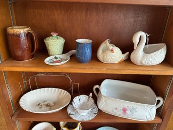 2 Shelf Lot- Ceramics/ Swans, Etc