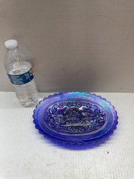 Oval Cobalt Imperial Glass Plate With Dutch Windmill