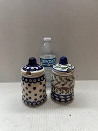 Two Polish Pottery Jars With Lids