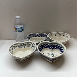 4 Heart Shaped Polish Pottery Bowls