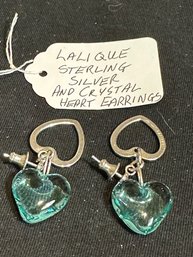 Lalique Sterling Silver And Crystal Heart Earrings