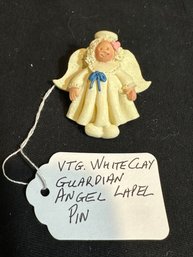 Vintage White Clay Guardian Angel Lapel Pin