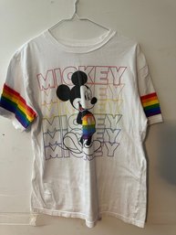 Disney Parks Rainbow Stripe Sleeve Pride Mickey Mouse T-Shirt Small