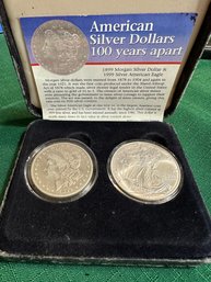 American Silver Dollars 100 Years Apart .999 1899 Morgan Silver Dollar And 1999 Silver American Eagle
