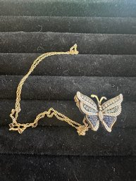 Sterling Silver And 14k GP Butterfly Rhinestone Necklace 6.9 Grams