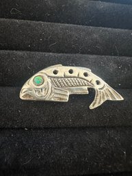 Sterling Silver Fish Pin Turquoise Eye 6.9 Grams