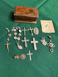 Lot Of Assorted Religious Jewelry & Wooden Box