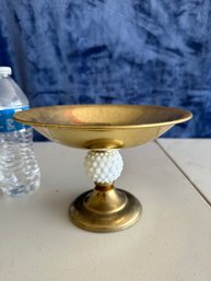 Vintage MCM Hobnail Milk Glass And Brass Bowl