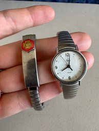 Silver Tone Medical Alert Stretch Bracelet With Compartment & Timex Watch