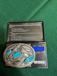PJ Sterling Silver And Turquoise Belt Buckle 79.7 Grams