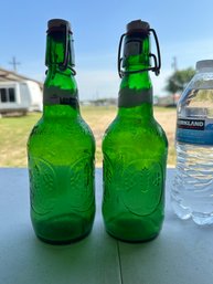 2 Vintage Grolsch Green Glass Beer Bottles Embossed