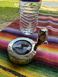 Vintage Silver Owl On Twig With Magnifying Glass
