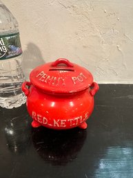 Vintage Penny Pot Red Kettle Ceramic Coin Bank By Lego Japan, Piggy Bank