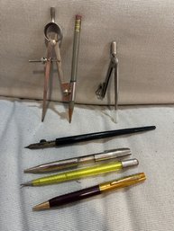 Vintage Pens And Drafting Compasses Lot