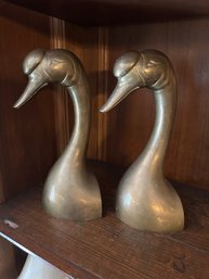 Vtg Brass Swan Goose Heads Book Ends