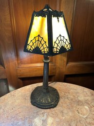 Antique 'spider Web' 6-panel Slag Glass Cast Metal Lamp