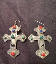 Sterling Silver & Turquoise Cross Earrings 11.7g