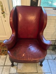 Red Leather Wing Chair As-is