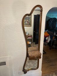 Antique French Gilt Curved Mirror W/Drawer