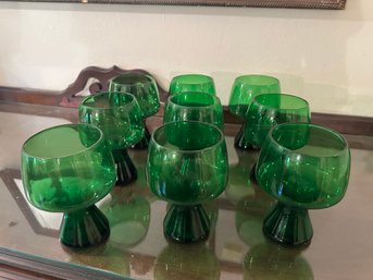 Set Of 9 Vintage Emerald Green Glasses