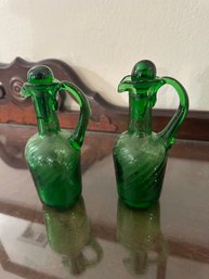 Two Vintage Pilgrim Blown Art Glass Green Cruet Mini Decanter Pitcher Stopper Handle