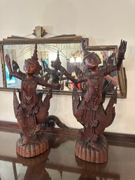 Pair Of RARE Vintage Hand Carved Wooden Thainland Dancers Sculptures