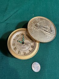 Vintage Bulova Walking Liberty $20 Gold Coin Wind Up Alarm Clock