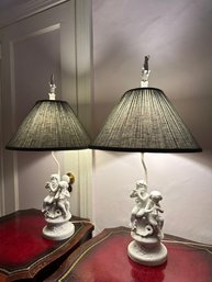 Vintage Pair Of Working  White Ceramic Cherub Lamps