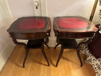 Vintage French Regency Style Red Leather Top Mahogany Lamp End Tables - A Pair