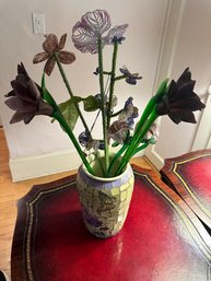 Mosaic Butterfly Vase With Glass & Beaded Flower Arrangement