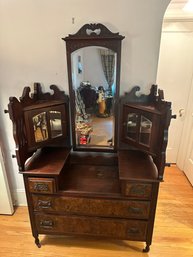 Antique 3-Way Mirror Dresser Vanity On Casters