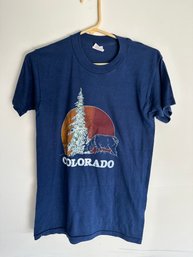 Adult Sz M Vintage 90s Blue Colorado Mountains Wildlife Graphic Print Cropped Tee Single Stitch