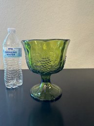 Avocado Green Glass Pedestal Vase Bowl With Grapes